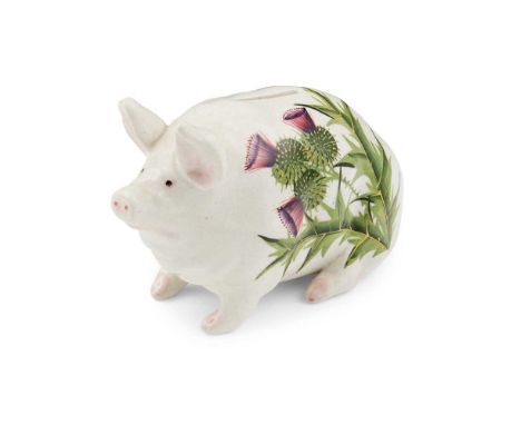 A WEMYSS WARE MONEY BOX PIG  'THISTLES' PATTERN, CIRCA 1900 impressed WEMYSS, green painted WemyssDimensions:16cm long
