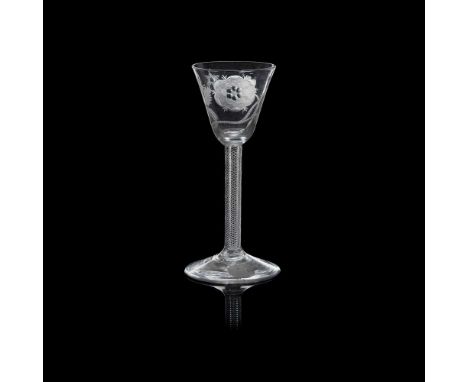 AN 18TH CENTURY JACOBITE WINE GLASS  the round funnel bowl engraved with a displayed rose head flanked by open and closed bud