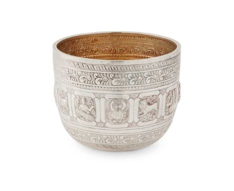 A LATE VICTORIAN ASTROLOGICAL SUGAR BASIN MACKAY & CHISHOLM, EDINBURGH 1883 of deep hemispherical form, with a chased border 