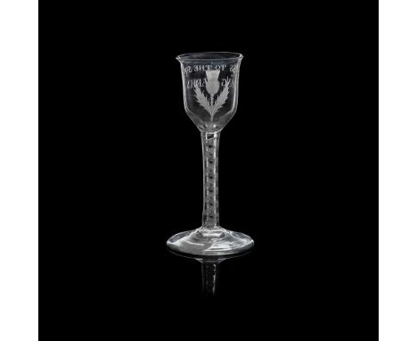 A RARE 'SUCCESS TO THE SOCIETY' JACOBITE WINE GLASS 18TH CENTURY the straight-sided bucket bowl finely engraved with displaye