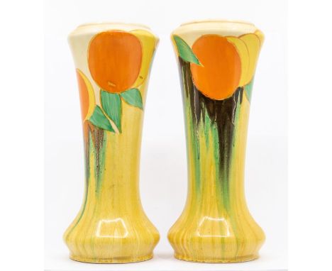 Clarice Cliff - A pair of 'Delecia' hand painted Bizarre patterned vases with orange design. Both marked underneath.Each appr