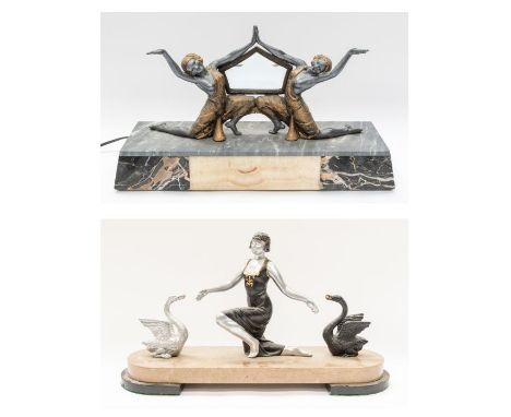 Two Art Deco table/mantle garnitures with ladies and swan details