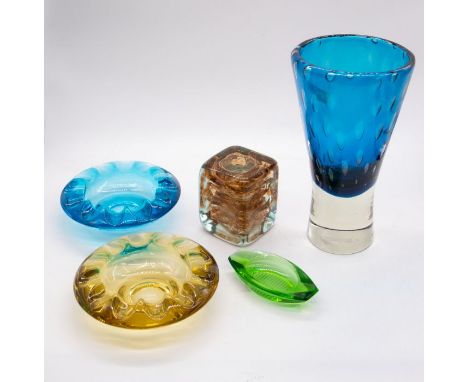 Sklo Union; two ashtrays, one blue and one amber, a small Czech pressed glass green pin dish, a controlled bubble Czech glass