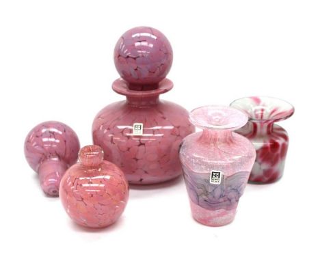 Mdina Glass - A collection of pink art glass pieces to include a signed large globular perfume bottle with stopper, with stic