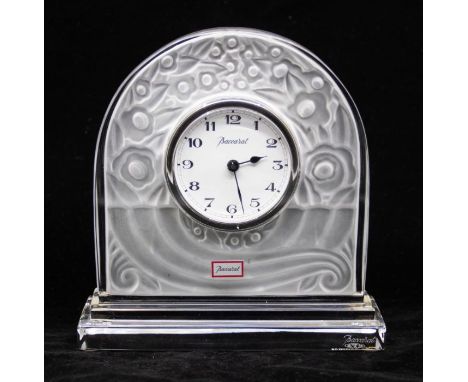 Baccarat Glass: A contemporary glass mantle clock of domed style, stepped base. Marked to underneath 'Baccarat France', and w