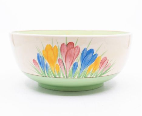 Clarice Cliff: A Spring Crocus pattern hand painted circular bowl with green ground to inside and outside rim to base. Marked