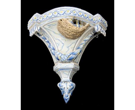 A Galle wall pocket with detailed birds within nest decoration and blue and white stylised design to actual pocket, marked 'G