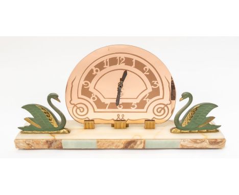Art Deco mirrored face and marble mantle clock, large with swan detailing