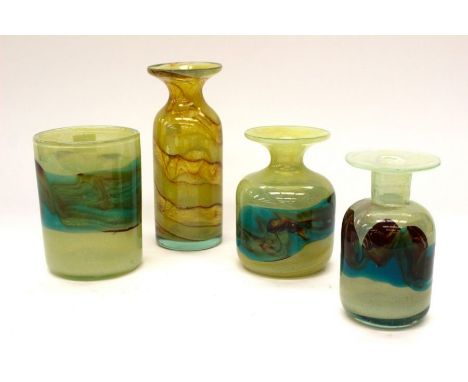 Mdina Glass - A small collection of art glass in light blue and yellow colourway, to include; a tall thin vase, two other sma