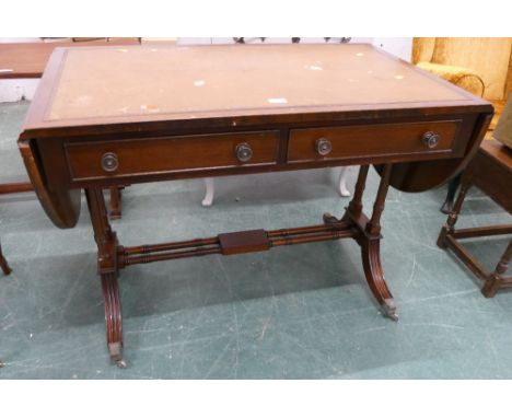 Reproduction brown leather tooled topped sofa table