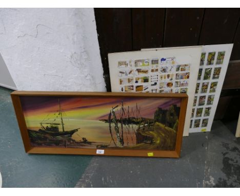 Continental oil painting of boats by K Sutton and two clip frames of cigarette cards