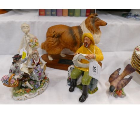 Royal Doulton figure The Boatman, Beswick Rough Collie, Royal Worcester Robin figure and two porcelain continental figures