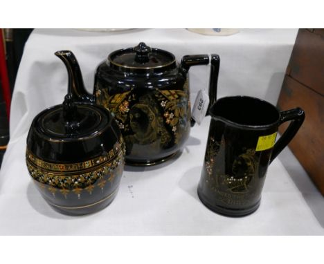 Black painted ceramic Victorian three piece tea set 1837