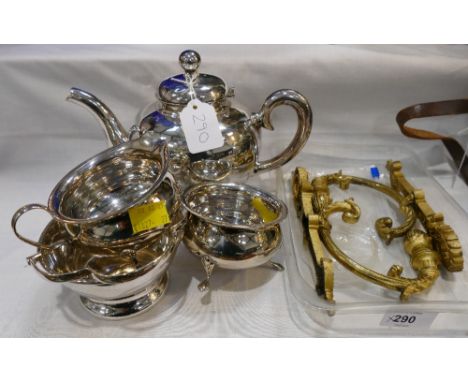 Oriental plated metal teapot and three EPNS sugar bowls and pair of brass ornate curtain tie backs