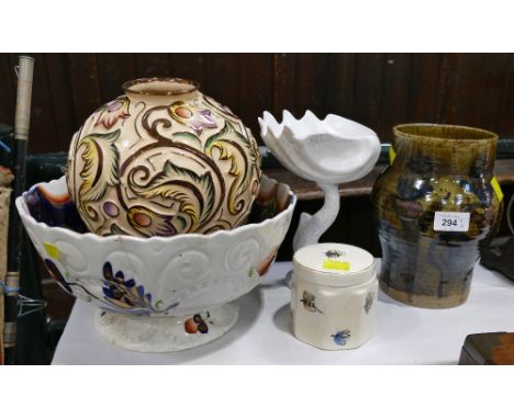 Imari rum butter bowl, Wade Heath Gothic patterned vase, studio pottery vase, Frank Cooper fly fishing trinket pot and a fish