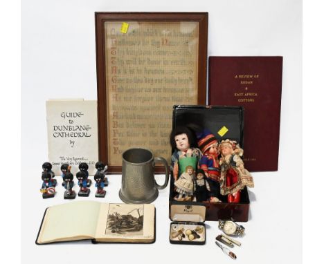 Needlework tapestry, Sudan and East Africa book, collection of jam figures , vintage composite headed dolls, autograph book, 