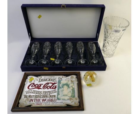 Boxed set of Italian etched glass champagne flutes, Royal Doulton crystal vase, Caithness paperweight and Coca Cola advertisi