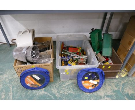 Two boxes of vintage construction toys, light fittings, household items, trailer extension leads etc