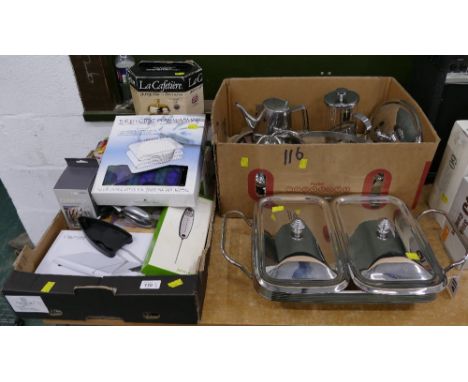 Two boxes of kitchenware - Super slicer, electric plate warmer, cafetiere, heated vegetable serving dishes, metalware etc