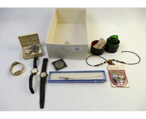 Vintage watches, small quantity of coins and a note, boxed green eye glass, brooches, necklace etc