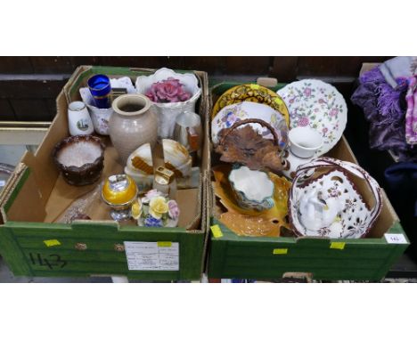 Two boxes of ceramic vases, plates, ornaments, trinkets etc