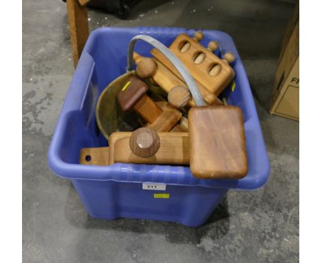Brass jam pan and a vintage wooden train