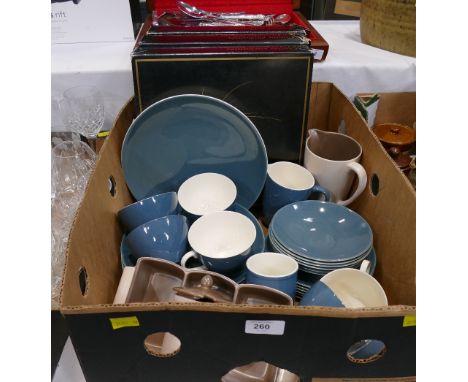 Three boxed Russian collectors plates and two tone Poole pottery tea and dinner ware
