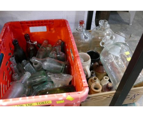Two boxes of demi johns and vintage stoneware and glass brewery bottles