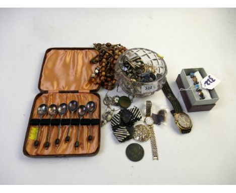 Set of silver plated coffee bean spoons and bowl of costume jewellery, coins watches etc