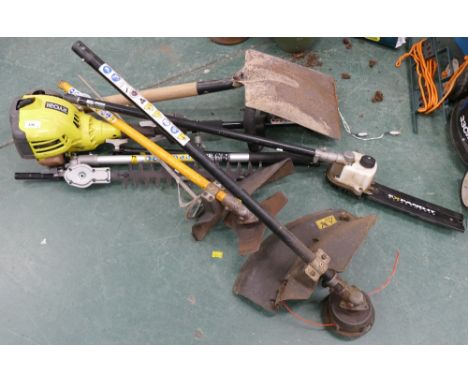 Ryobi combination strimmer, brush cutter, hedge trimmer and quantity of garden tools