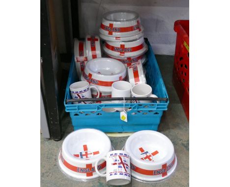 Quantity of England branded dog bowls and ceramic mugs