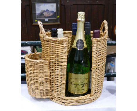 Wicker wine basket and quantity of alcohol - 1.5 l champagne, Harvey's Bristol Cream, white wine, red wine etc