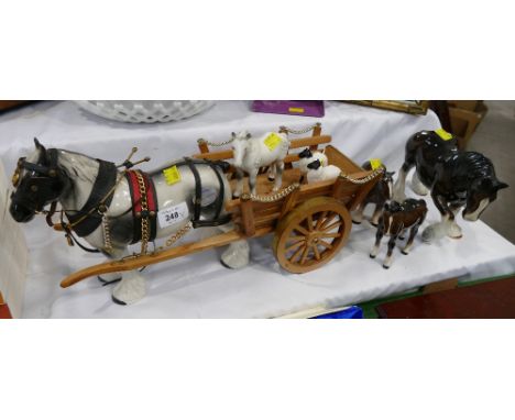Token pottery Shire Horse an cart, quantity of ceramic horses - Beswick dapple grey foal, Beswick sheep etc
