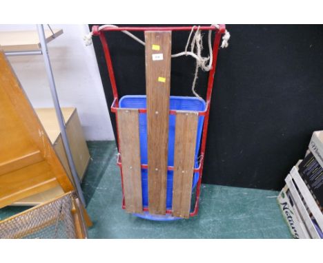 Vintage metal and wooden sledge and plastic sledge