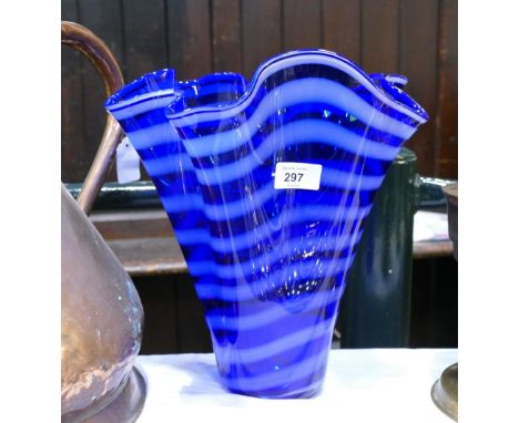 Art glass blue and white handkerchief vase, 30 cm high