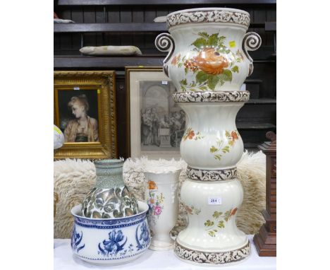 Ceramic Portuguese painted jardiniere stand and planter, Denby patterned vase, chamber pot and Royal Burslem vase