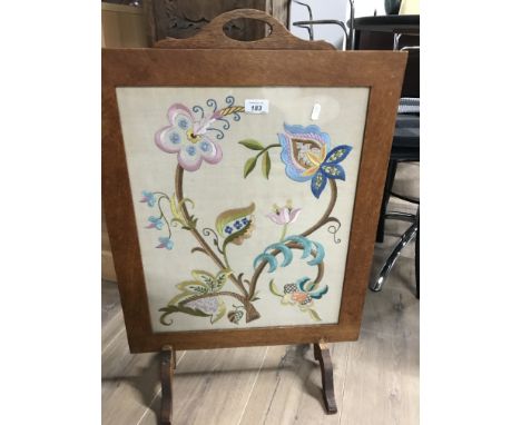 VINTAGE OAK FIRE SCREEN WITH EMBROIDERY PANEL