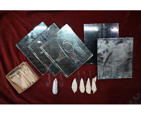 A quantity of vintage mirror plates of Finnish origin, 32 cm x 28 cm to/w another similar on wooden backing and with a box of