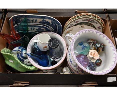 Various ceramics including Willow pattern, three Caithness paperweights, set of three chamber pots, studio glass vases etc