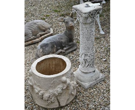 A circular garden planter with figures in high relief, 31 cm high to/w bird bath (cracked) or planter pedestal cast with figu