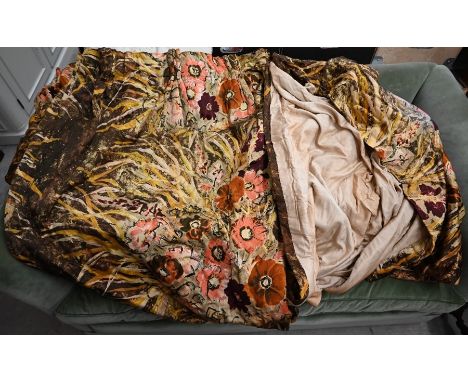 A pair of 1970s Sanderson print satirized cotton lined and inter-lined curtains, Autumnal coloured design of leaf fronds and 