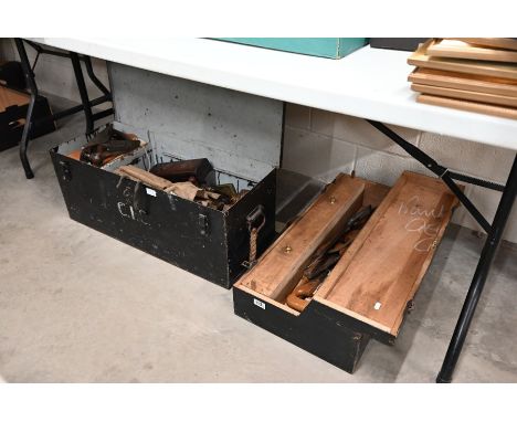A steel trunk containing vintage tools, to/w a wooden box of tools (2)