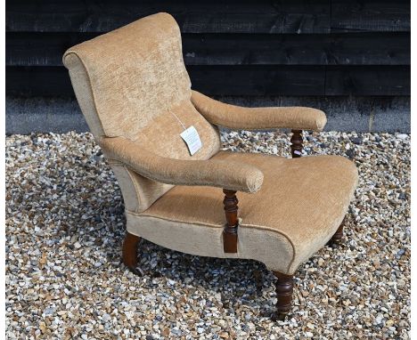A late 19th century/early 20th century mahogany framed open armchair, old gold button back dralon upholstery