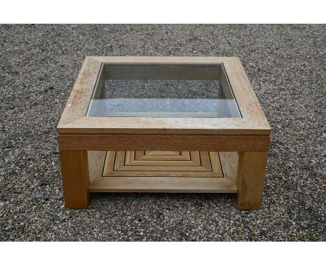 A modern light oak square coffee table with inset glass top and open undertier (to match following lot) 85 x 85 x 40 cm high