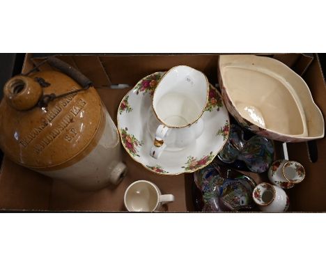 A Stiff of Lambeth stoneware flagon, impressed for Beaconsfield Stores (East Dulwich) to/w a Royal Albert 'Old Country Roses'