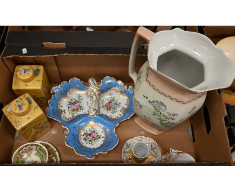 A Limoges china trefoil dish, painted and gilded with flowers on a bleu ciel ground, 29 cm wide to/w a pair of Coalport tea c