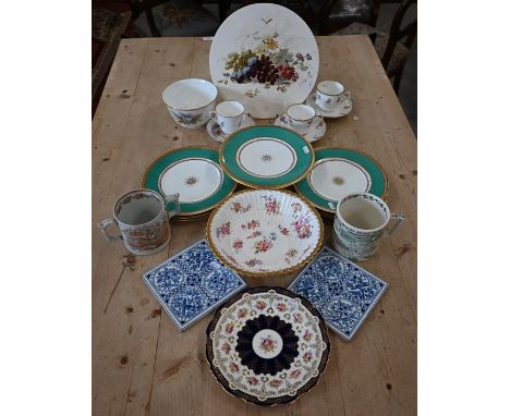 A Victorian Royal Worcester floral-painted cup and saucer to/w matching sugar basin, a green and gilt china comport with six 