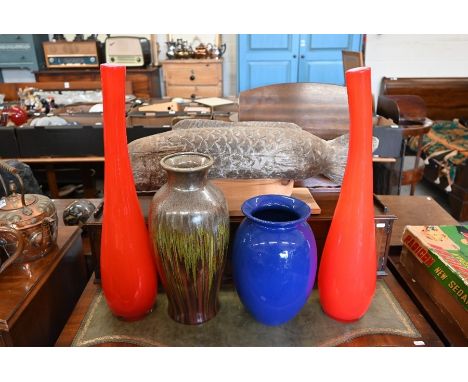 A large pair of red cased glass bottle-vases of extruded form, 60 cm high to/w two decorative ceramic vases (4)