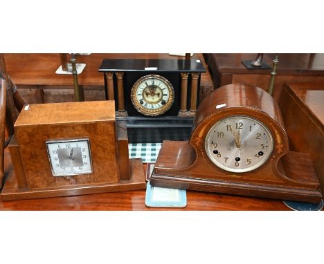 An Art Deco walnut mantle clock with square dial to/w an American japanned metal mantle clock and an inlaid mahogany three-tr
