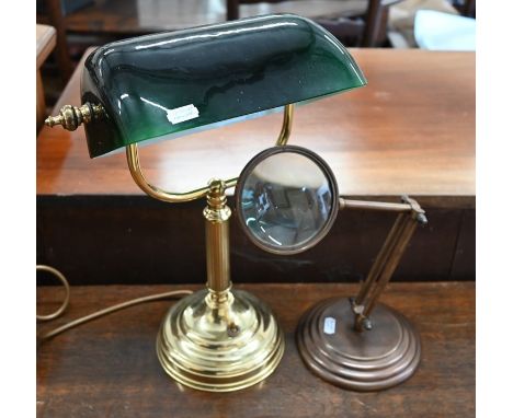 An Art Deco style brass desk-lamp with green glass shades to/w a magnifying glass on 'anglepoise' bracket base (2)